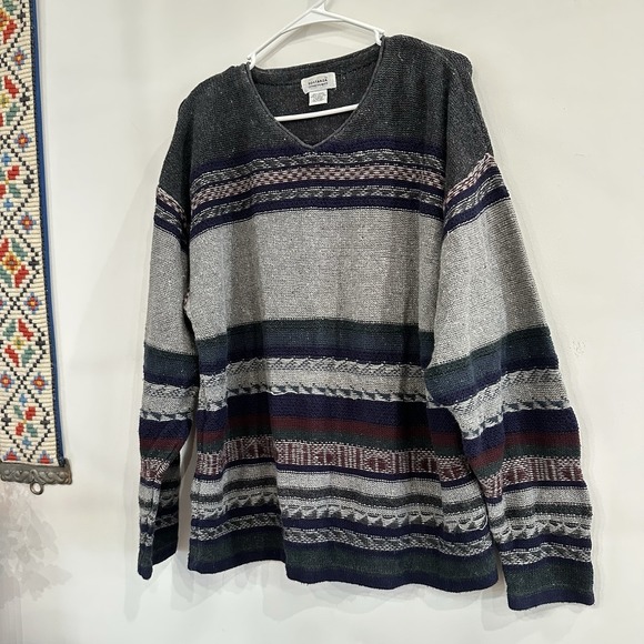 Blue Saks Fifth Avenue Sweaters - VTG Women's Soatanza‎ Grandpa Core Sweater Chunky Knit 90's Stripe Blue Gray Lg